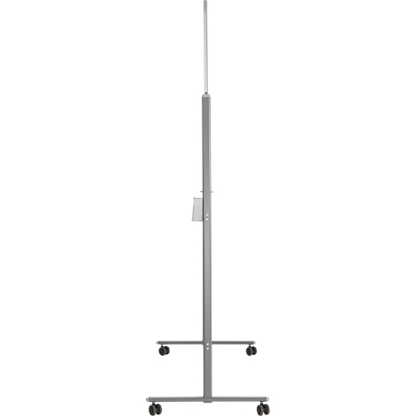 A grey, mobile whiteboard stand on casters, with a bracket.