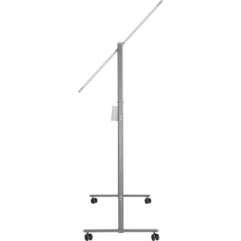 Silver, rolling, height-adjustable whiteboard; light grey. The board is tilted at the top.