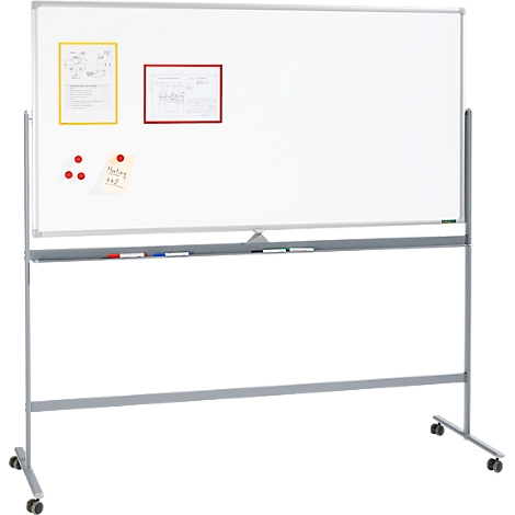 Mobile, double-sided whiteboard stand on wheels. Notes and sheets attached with magnets.