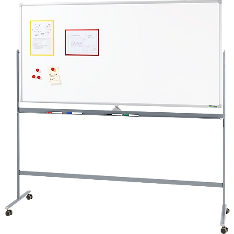White, mobile whiteboard with papers, magnets, and colored pens.