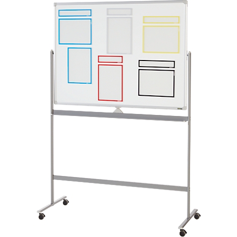 Weißes, rollbares Whiteboard mit farbigen Rahmen um Bereiche.
