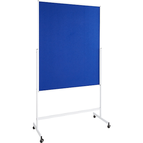 A mobile blue notice board in front of a white frame. Wheels on the feet.