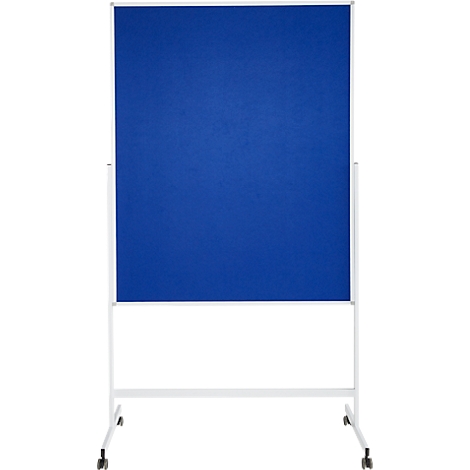 Blue rectangular pinboard element with a white frame. The element stands on a white frame with castors.