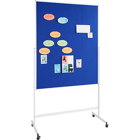 Blue pinboard with various notes and papers, stands on a white frame with wheels.