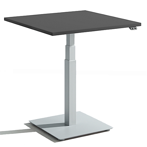 Height-adjustable, square desk. Grey tabletop, silver frame.