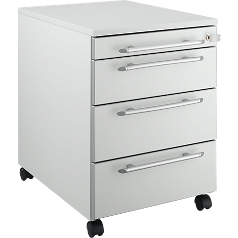White, three-drawer office container with wheels and silver handles.