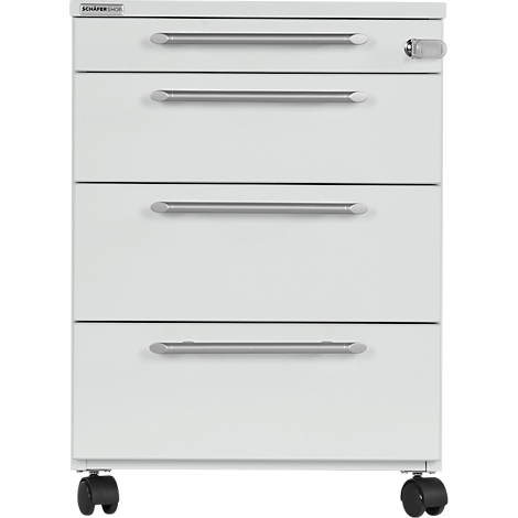 White rolling cabinet with four drawers and silver handles. Standing on casters, lock on the top right.