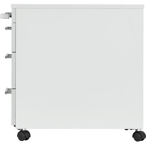 White filing cabinet with wheels and silver handles. Three drawers and a lock are visible.