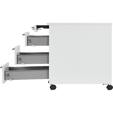 White rolling file cabinet with three open drawers. Drawers gray, cabinet on wheels.