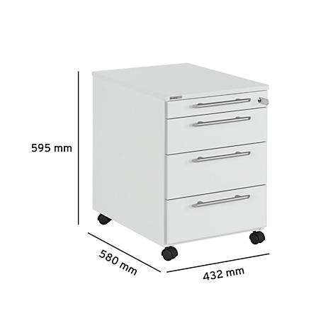 White mobile pedestal with four drawers, dimensions in mm. A lock at the top, silver handles.