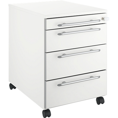 White mobile file cabinet with three drawers, silver handles, and wheels.