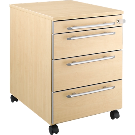 Beige rolling file cabinet with three drawers and silver handles.