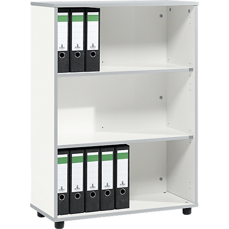White shelf with file folders. Three levels, gray border, black folders with green stripe.