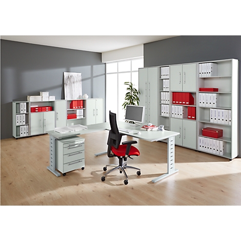 Office with desk, office chairs, file cabinets and folders. The dominant colors are white, gray and red.