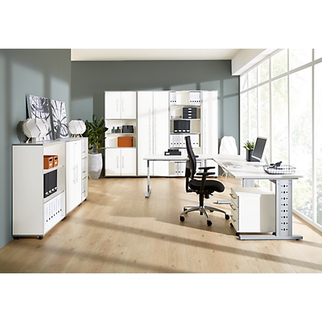 Bright, modern office with white furniture, desk, chair, and large window.