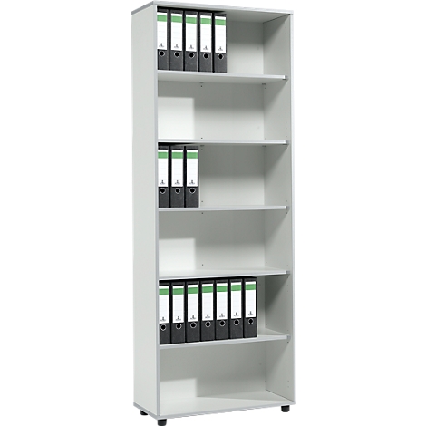 White shelf with several grey folders on different levels, against a white background.
