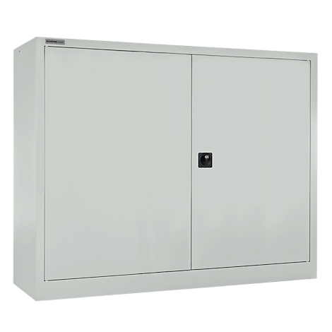 Gray cabinet with two doors and a black handle. The product is depicted against a neutral background.