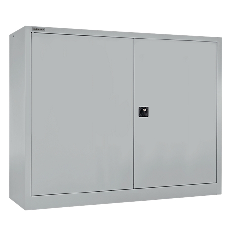 Gray steel cabinet with two doors and a black lock.