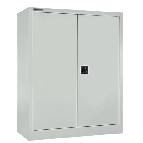 Gray steel cabinet with two doors and black handle, on a white background.