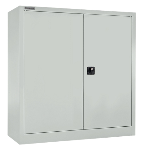 Gray steel cabinet with two doors and a black handle. A company logo is on the upper left corner.