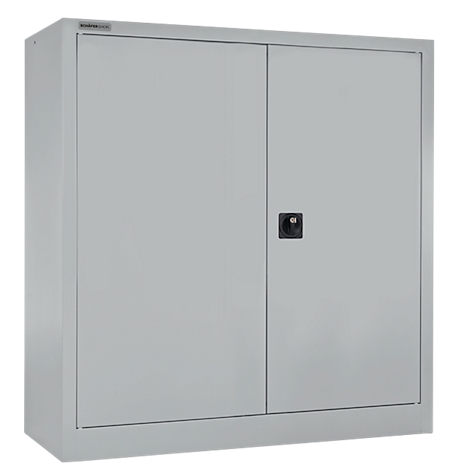 Grey steel cabinet with two doors, black handle. Text at the top.