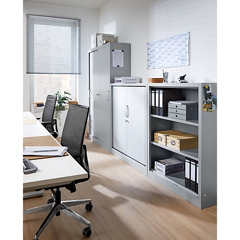 Office with desk, chair, file cabinet, and blinds.