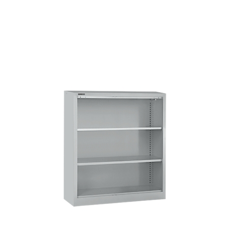 Grey shelf with three compartments on a white background.