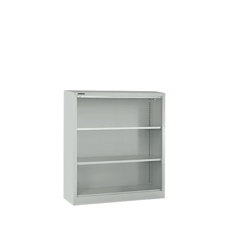 Gray shelf with three levels, against a white background.