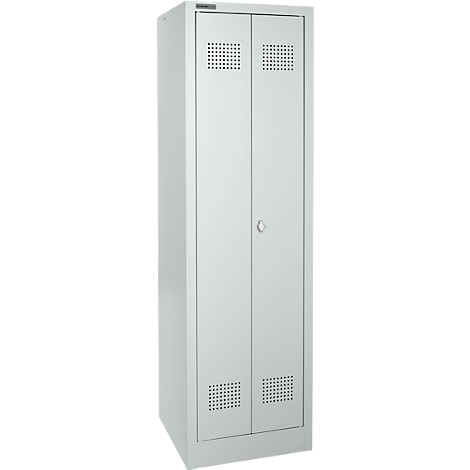 Gray, tall metal cabinet with two doors. Square ventilation holes and a round door knob.
