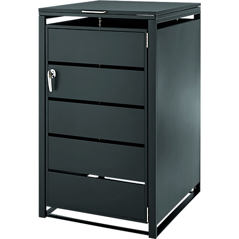 Dunkelgraue Mülltonnenbox aus Metall mit klappbarem Deckel, Lamellentür und abschließbarem Hebelgriff.