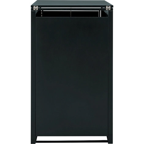 Schwarzer, rechteckiger Mülltrenner mit schlichtem Design vor neutralem Hintergrund.