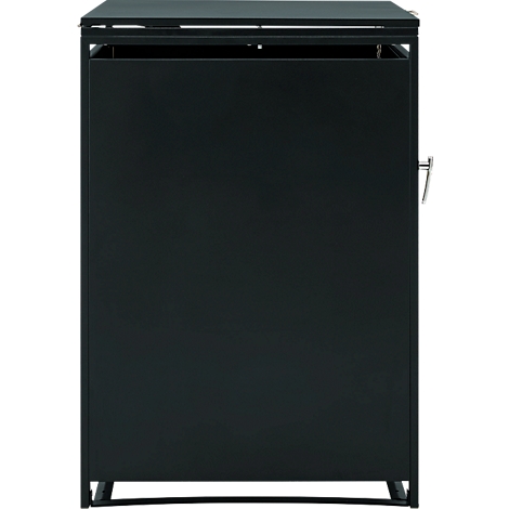 Schwarze, rechteckige Mülltonnenverkleidung aus Metall mit schlichtem Design vor neutralem Hintergrund.