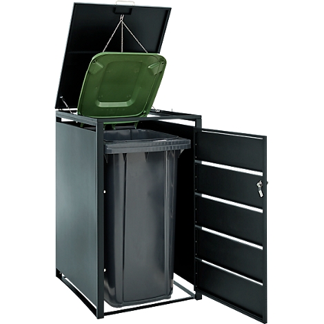 Schwarze Mülltonnenbox aus Metall mit geöffneter Tür und Deckel, darin steht eine graue Mülltonne.