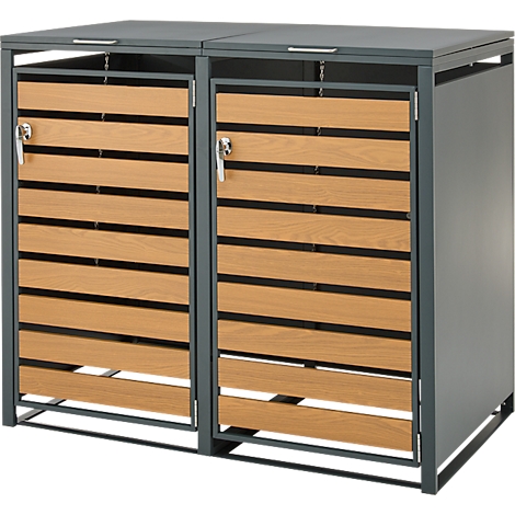 Doppelte Mülltonnenbox mit anthrazitfarbenem Metallrahmen und horizontalen Holzlamellen-Türen.