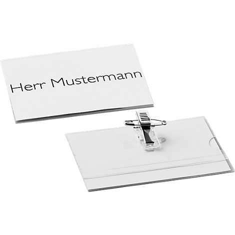Name tag printed with "Herr Mustermann" and a transparent holder.
