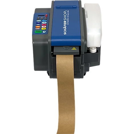 Klebebandabroller mit braunem Klebeband, blauem und grauem Gehäuse. Aufschrift "SCHÄFERSHOP" und "schäfer-shop.de".