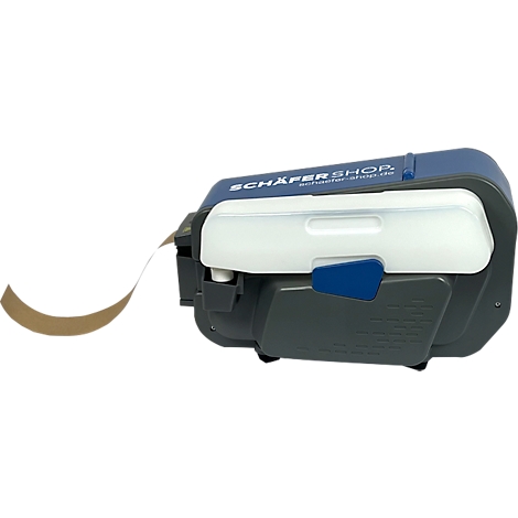 Blau-weißes Klebebandgerät mit braunem Klebeband. Schriftzug: Schäfer Shop.