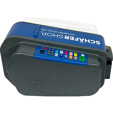 Grauer Antrieb mit blauen und weißen Elementen, Bedienfeld mit farbigen Knöpfen, Schriftzug: SCHÄFERSHOP.