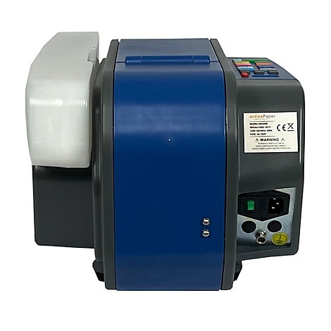 Blau-grauer Packbandabroller, Aufkleber mit Schriftzug.