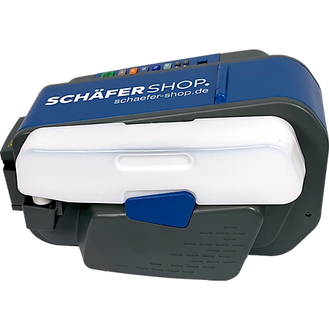 Blauw-grijs verpakkingsapparaat met de tekst 'SCHÄFER SHOP'. Daaronder een transparante, witte component met een blauwe sluiting.