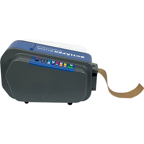 Grijze tape dispenser met blauw bedieningspaneel en gekleurde knoppen, de tape hangt naar beneden.