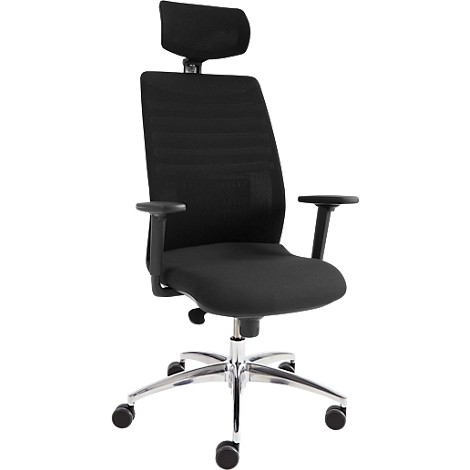 Black office chair with high back, headrest and armrests on a silver frame.