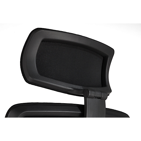 Close-up of a black office chair, focusing on the headrest. It has a mesh fabric and a plastic frame.