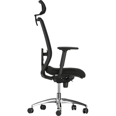 Black office chair, adjustable backrest, armrests, and headrest, metallic base.