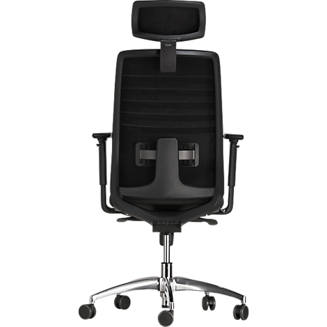 Black office chair, rear view. Adjustable headrest, mesh back, silver frame with casters.