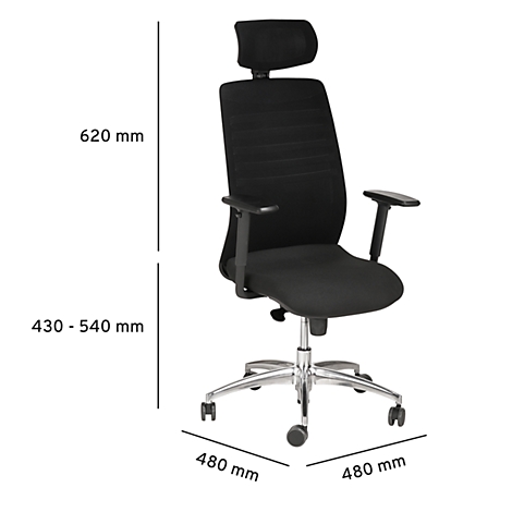 Black office chair with headrest, armrests, and silver base. Dimensions: 620 mm height, 430-540 mm seat height, 480 mm x 480 mm.