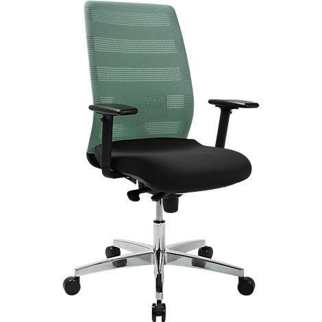 Office chair with green mesh back and black seat. Black armrests, silver base with rollers.