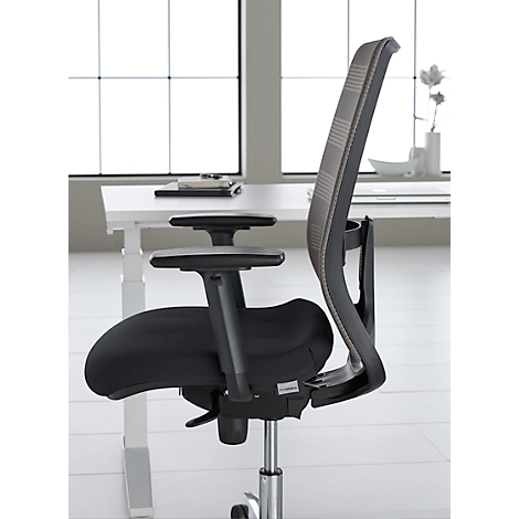 Black office chair in profile against a light background. The chair has a mesh back and adjustable armrests.
