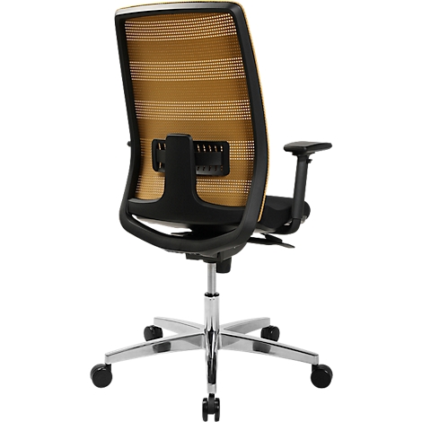 Office chair with mesh back. Yellow mesh fabric, black frame, chrome base.