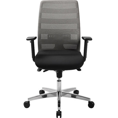 Office chair with mesh back and black seat. On five castors, height adjustable, with armrests.